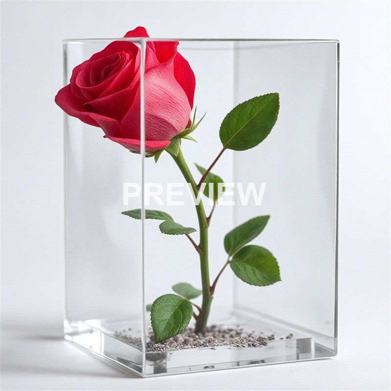 A pink and white rose with green leaves is encased in a transparent rectangular glass box, set against a plain white background.